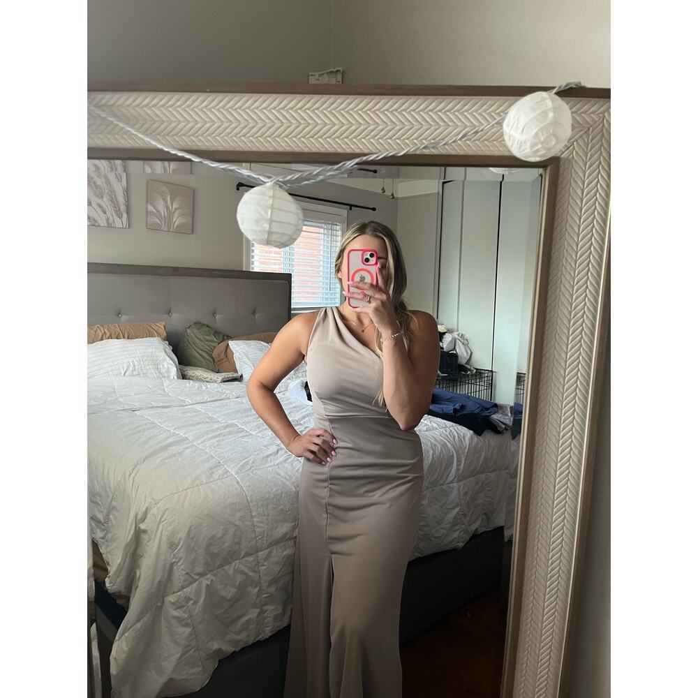 Birdy Grey KIRA Taupe Bridesmaid Asymmetrical One Shoulder Womens Long Dress XS